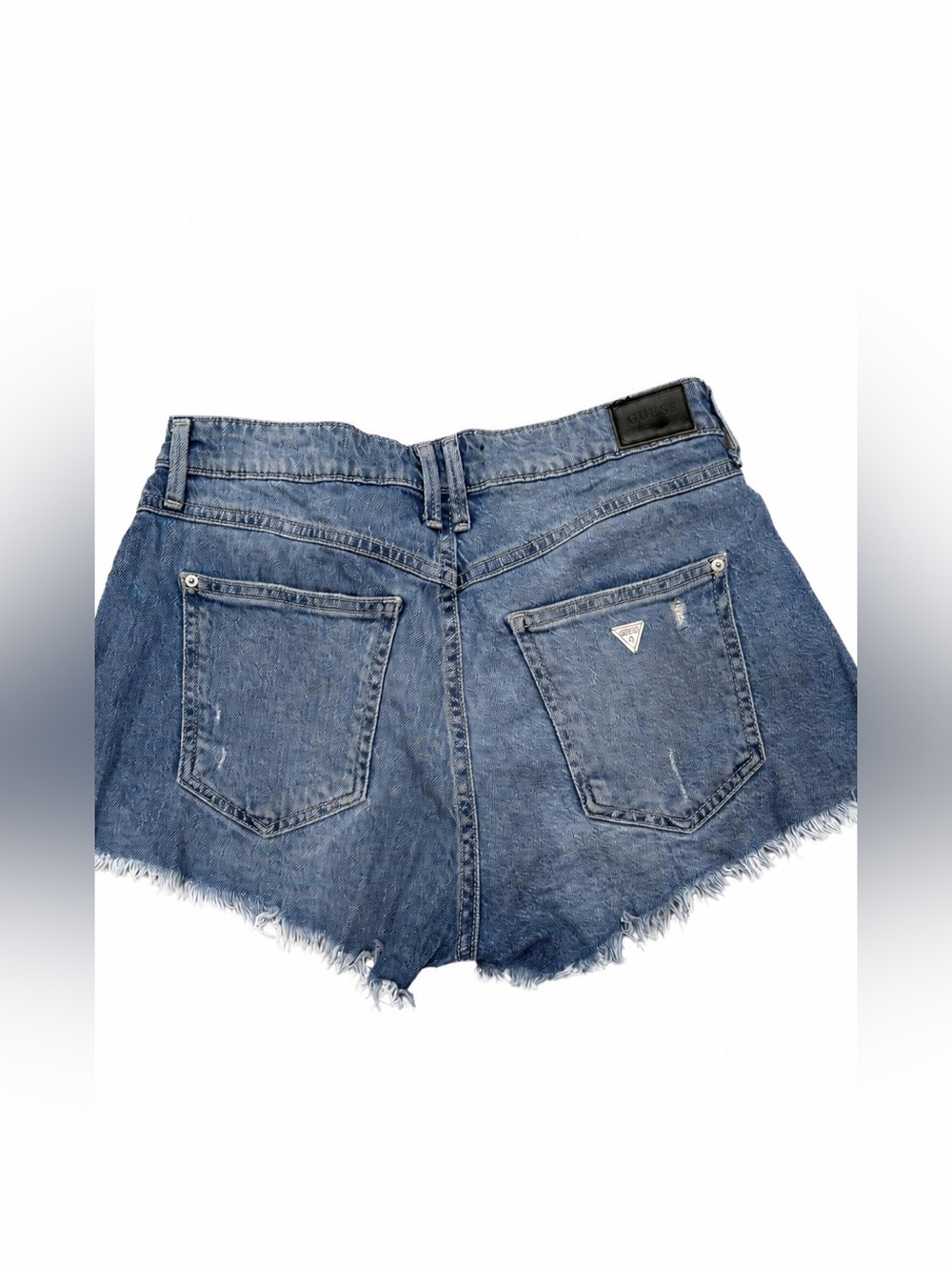 GUESS Distressed High-Rise Denim Cutoff Shorts in Medium Blue size 28